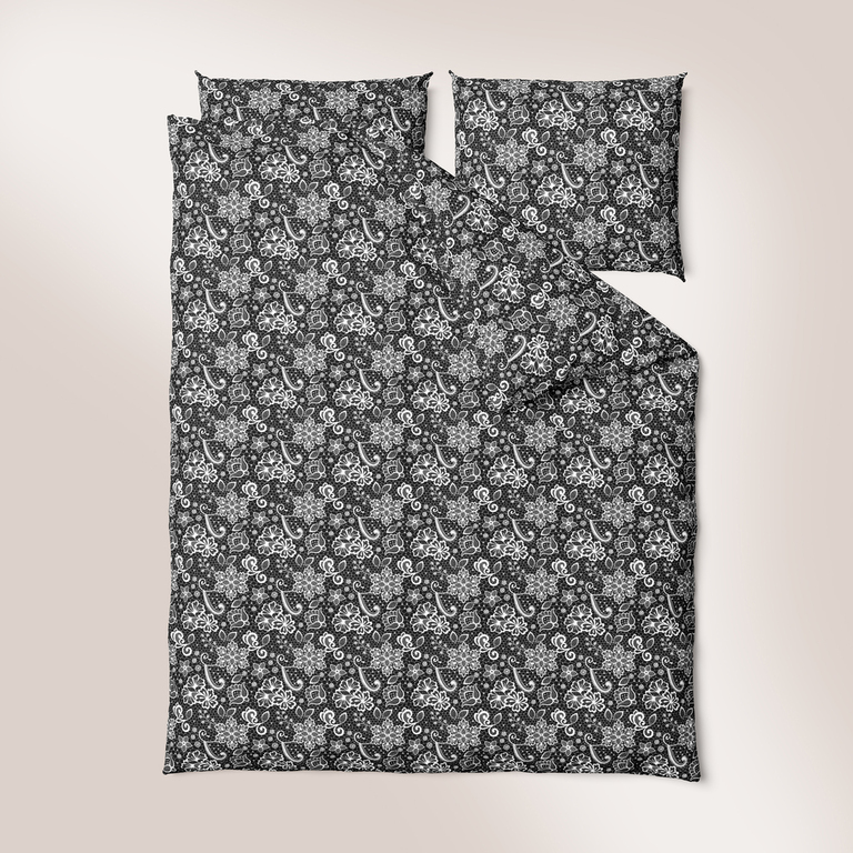 Pościel z Kory 160x200 + 2x70x80 Bawełniana Produkt Polski Bielawa - Koronka Biała na czarnym  (2)