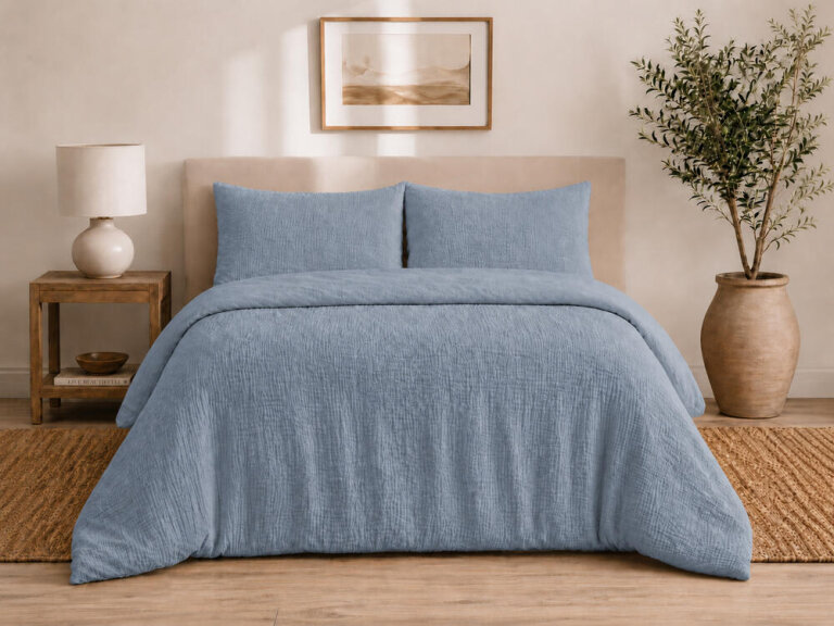 Pościel muślinowa dwuwarstwowa 220x200cm + 2x70x80cm - muślin + bawełna Blue (9)