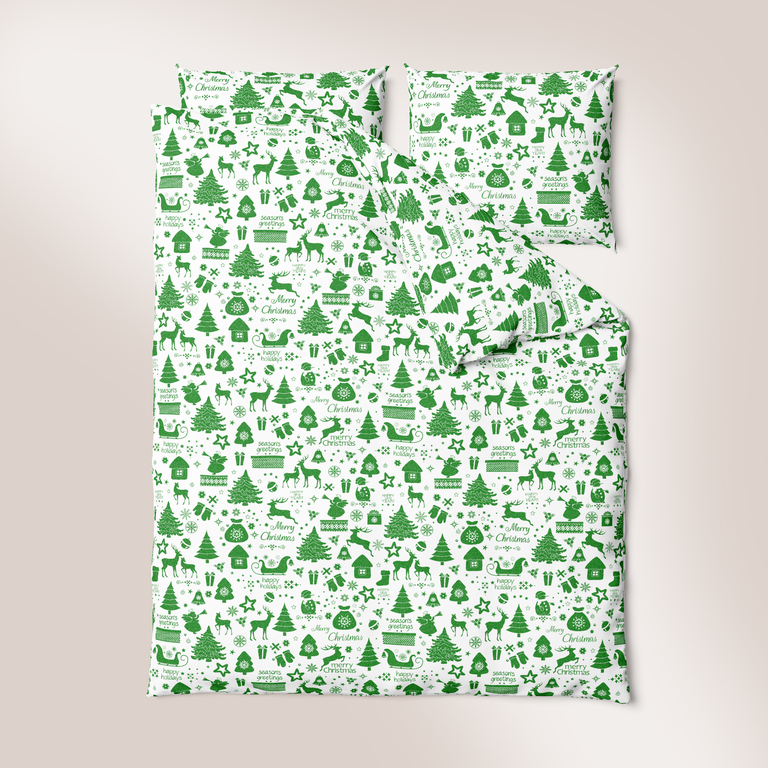 Komplet Pościeli 160x200 + 2x70x80, 100% Bawełna, 140g/m2, wzór: Sanie Mikołaja na białym zielone (3)