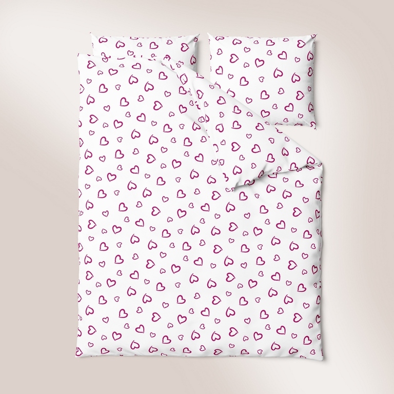Komplet Pościeli 160x200 + 2x70x80, 100% Bawełna, 140g/m2, wzór: serca różowe (2)