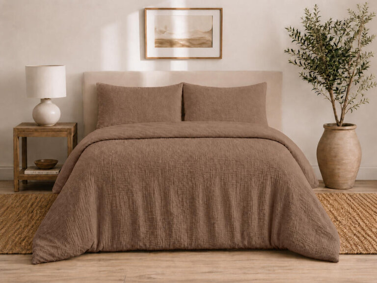 Pościel muślinowa dwuwarstwowa 160x200cm + 2x70x80cm - muślin + bawełna Mocha (9)