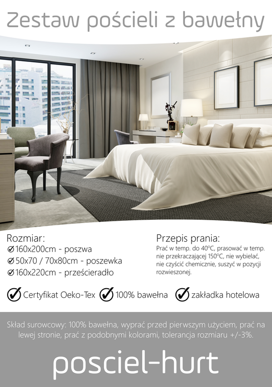 ZESTAW: POŚCIEL HOTELOWA 160x200 PRZEŚCIERADŁO 160x220 140g/m2 BAWEŁNA 100% (9)
