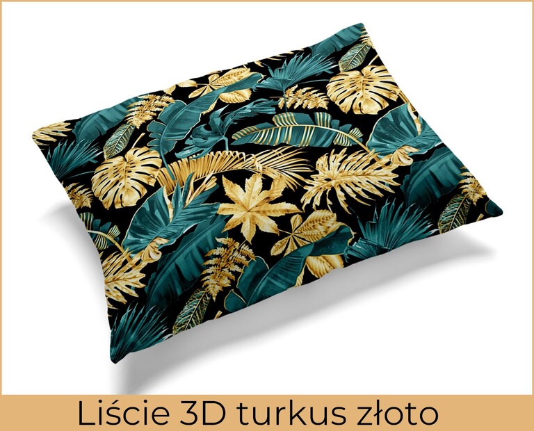 Poszewka na poduszkę 40x60cm BAWEŁNA 100% CERTYFIKAT - Liście 3D turkus Złoto (2)