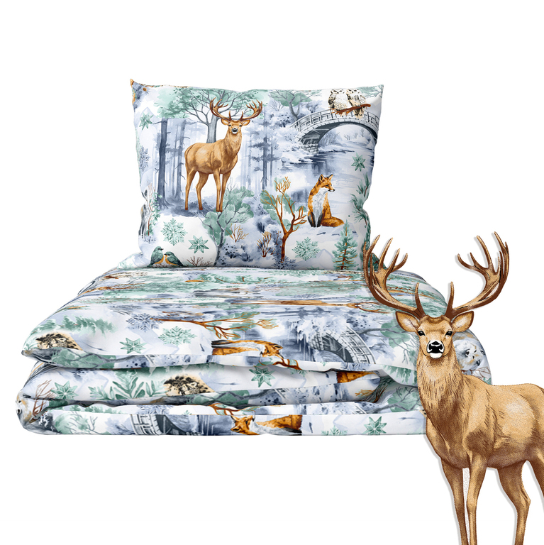 Komplet Pościeli Zimowej 160x200 + 2x70x80, 100% Bawełna, 140g/m2, wzór: Winter Forest Green (2)