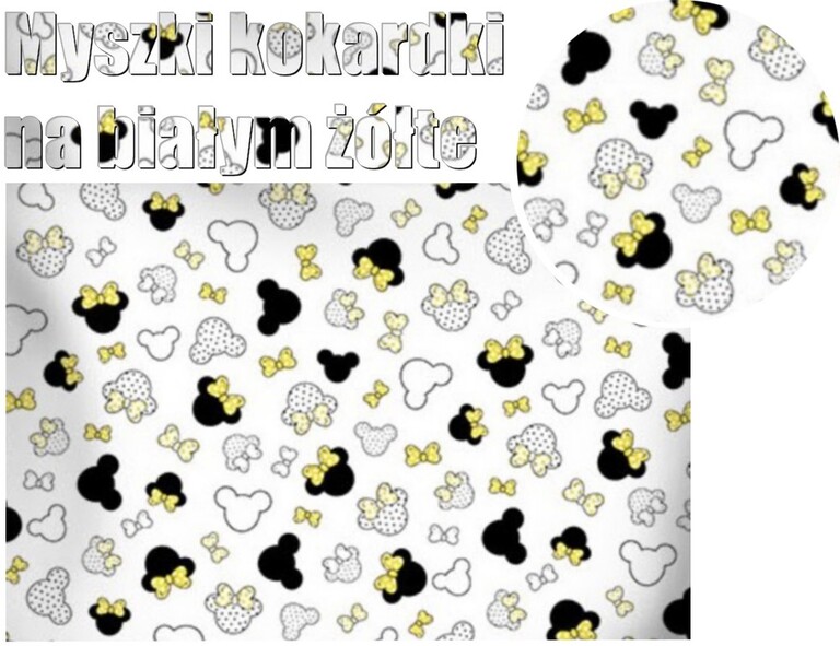 Tkanina na metry, Materiał do szycia, Tkanina, 100% BAWEŁNA, 160cm, Myszki z kokardką biało żółte (2)