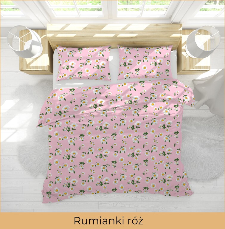 Pościel z kory 200x220 cm + 2x 70x80 cm POLSKA PRODUKCJA  wzór Rumianki róż (3)
