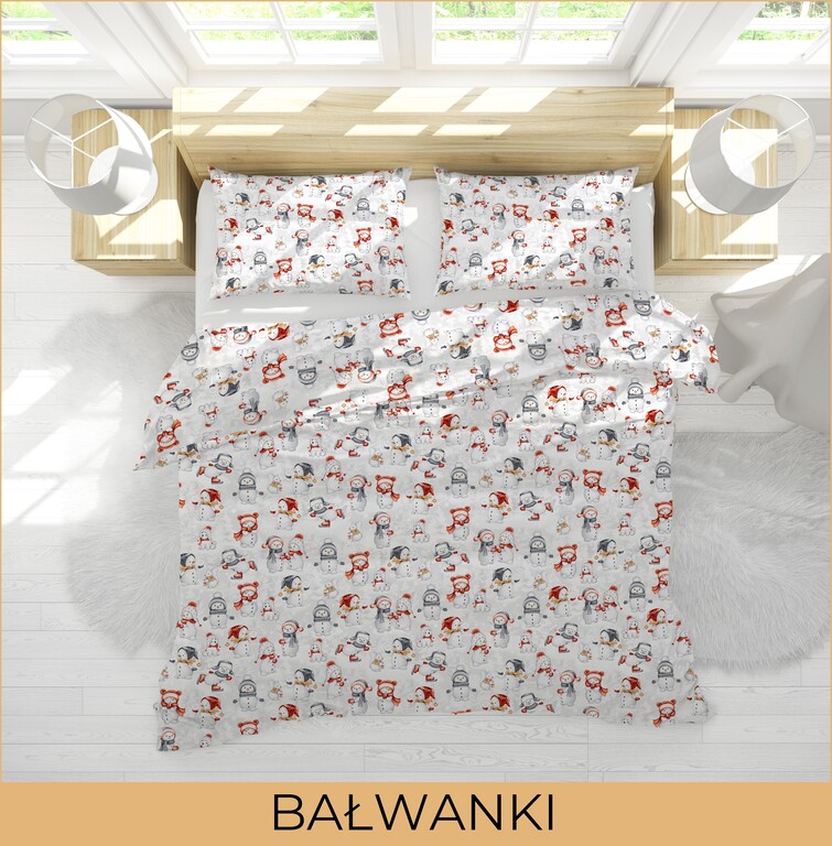 Komplet Pościeli Świątecznej 160x200 + 2x70x80, 100% Bawełna, 140g/m2, wzór: BAŁWANKI (7)