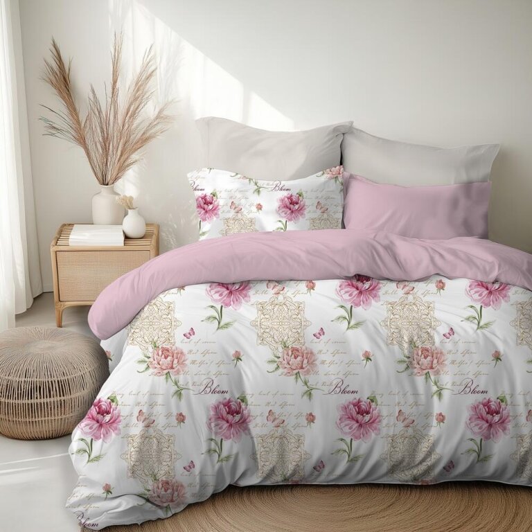 Pościel Dwustronna 160x200cm 2x70x80cm, 140g/m2,100% bawełna wzór: Piwonia z Napisami Puder Mix (5)