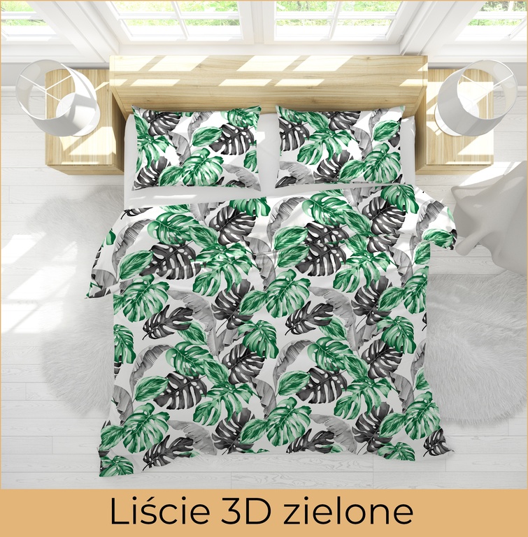 Pościel z Kory 220x200 + 2 poszewki PREMIUM 100% bawełna polska : Liście 3D zielone (3)