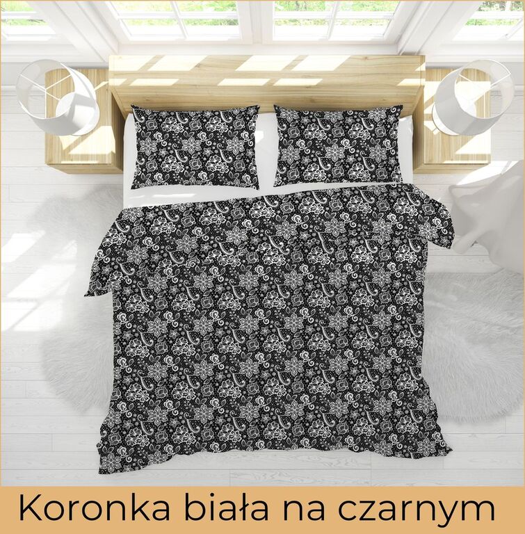Pościel z Kory 160x200 + 2x70x80 Bawełniana Produkt Polski Bielawa - Koronka Biała na czarnym  (3)