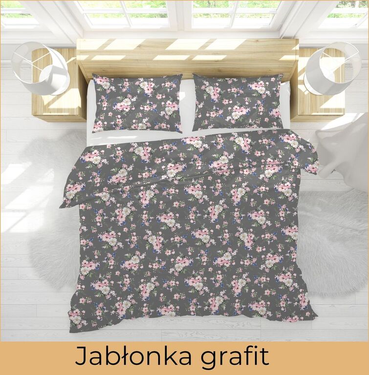 Pościel z kory 200x220 cm + 2x 70x80 cm POLSKA PRODUKCJA , wzór: Jabłonka grafit (3)