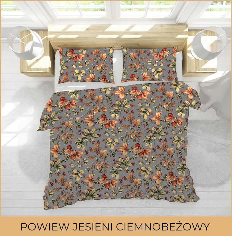 Pościel z Kory 220x200 + 2 poszewki PREMIUM 100% bawełna polska : Powiew jesieni na ciemnobeżowym (3)