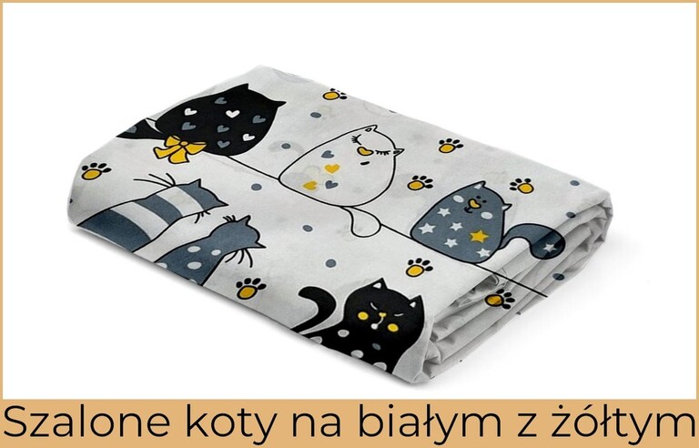 Prześcieradło 90x200cm z GUMKĄ, CERTYFIKAT - Szalone koty czarne na białym z żółtym (2)