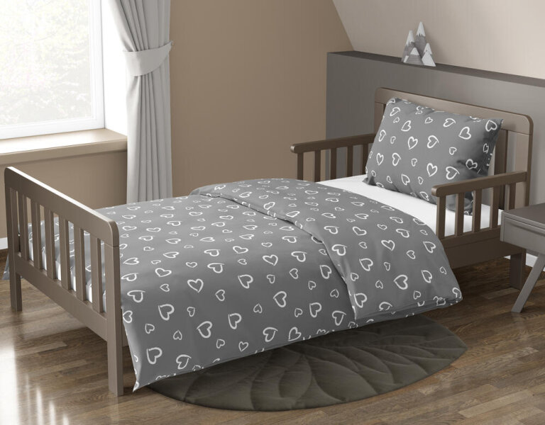 Pościel DZIECIĘCA 160x200 poszewka 50x70 dla dziecka 100% bawełna CERTYFIKAT Serca obwódki Białe na Szarym (3)