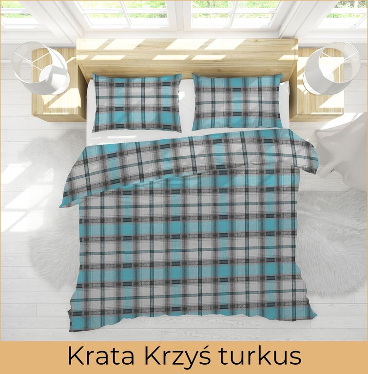 Pościel z Kory 140x200 + poszewka 70x80 POLSKI PRODUCENT - Krata Krzyś turkus (3)
